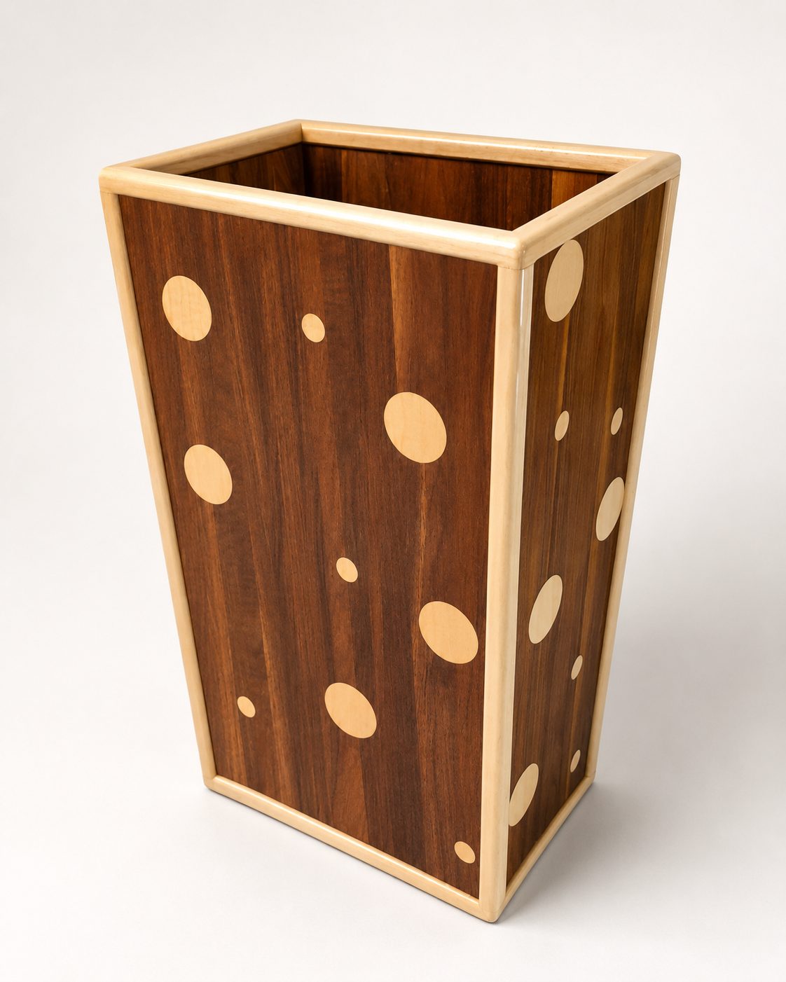 Tapered wastebasket in walnut with maple trim and maple dot inlay
